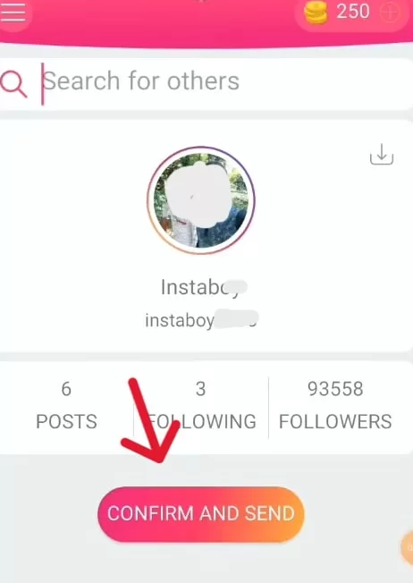 arrow pointing on instaup apk confirm and send button