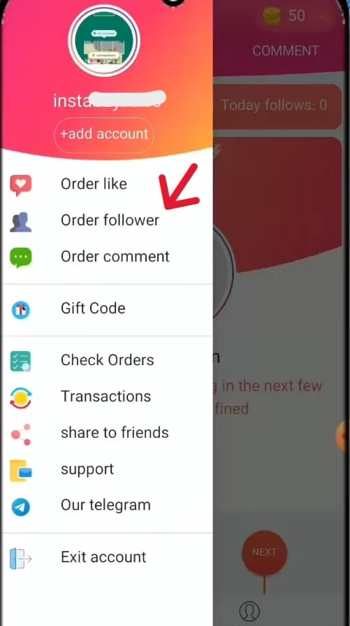 instaup apk order folllowers option